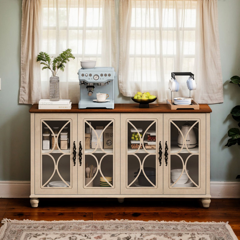 European Style 4-Door Beige Cabinet. Living Room Accent. Tempered Glass Doors, & Wood, Classic Decoration Storage Vintage For Bedroom. Glass, Wood Veneer, Functional Stylish
