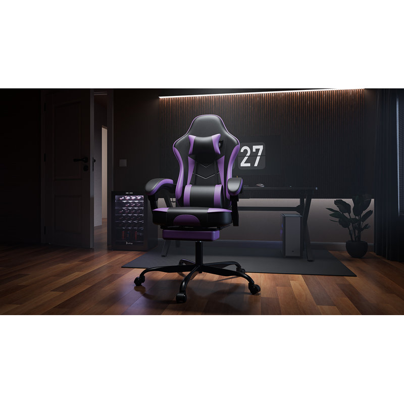 Wells Swivel PU Leather Gaming Chair with Footrest & Adjustable Recline, Purple/Black