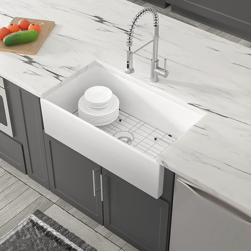 Évier de cuisine en céramique durable à tablier frontal avec cuve simple, résistant à la chaleur et aux taches, parfait pour les cuisines modernes