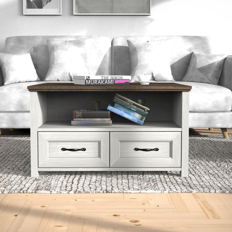 Table basse carrée avec rangement à 4 tiroirs, Grey Wood