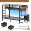Lit superposé simple au-dessus de simple avec bureau et 3 tiroirs de rangement, lit mezzanine à DEL avec tablette de rangement et boîtes noires-1621170852