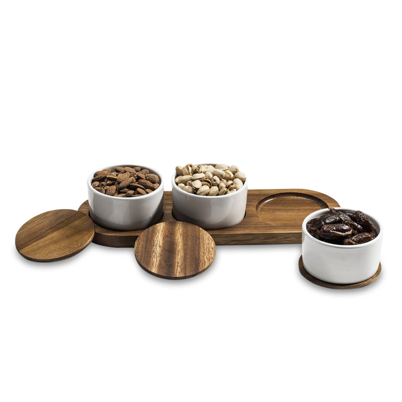 Ensemble de condiments en céramique sur base en bois d'acacia
