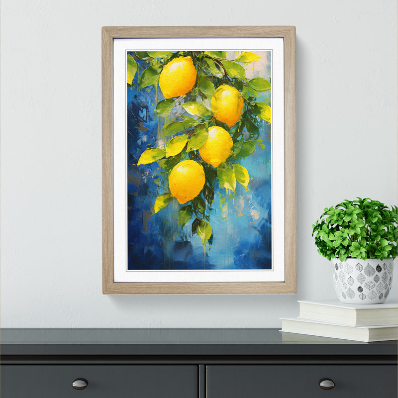 XYZ-FRM-V1223-4147 Lemon Fruit Impressionism No.3 - Single Picture Frame Print on Wood, 34cm H x 25cm W x 2cm D, Oak