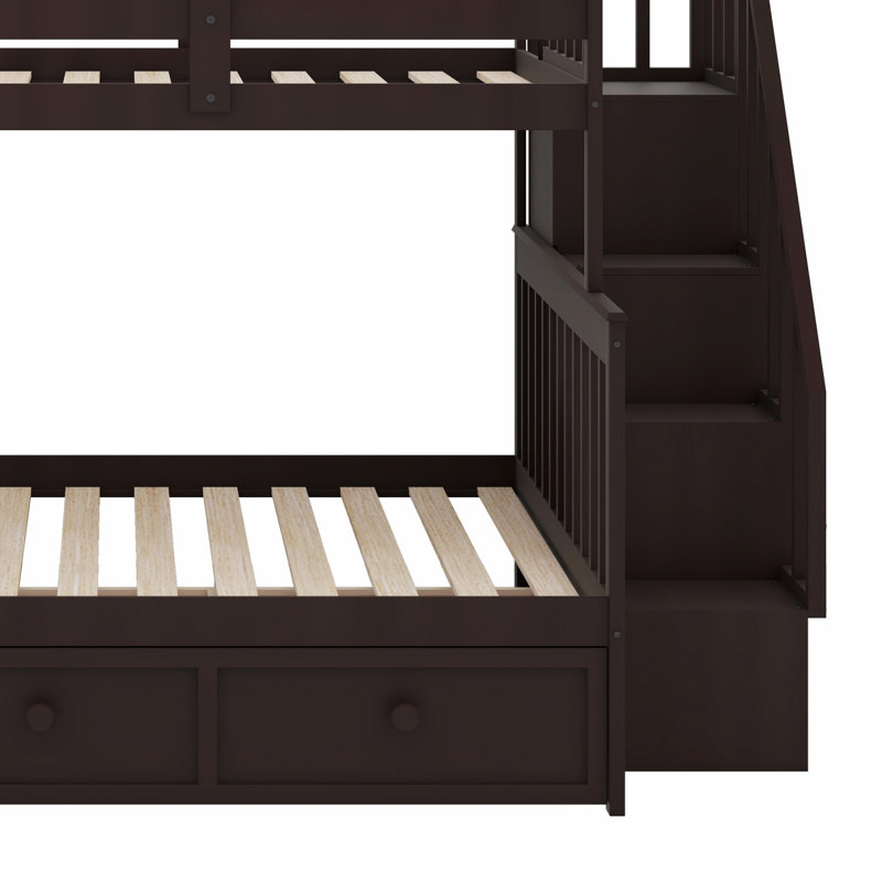 Lit superposé d'escalier avec tiroir, rangement et garde-corps, Espresso