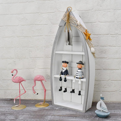 Étagère de bateau 1 pièce à 2 tablettes en bois - Décoration murale ou de table nautique blanche avec filet de pêche, étoile de mer et coquillages
