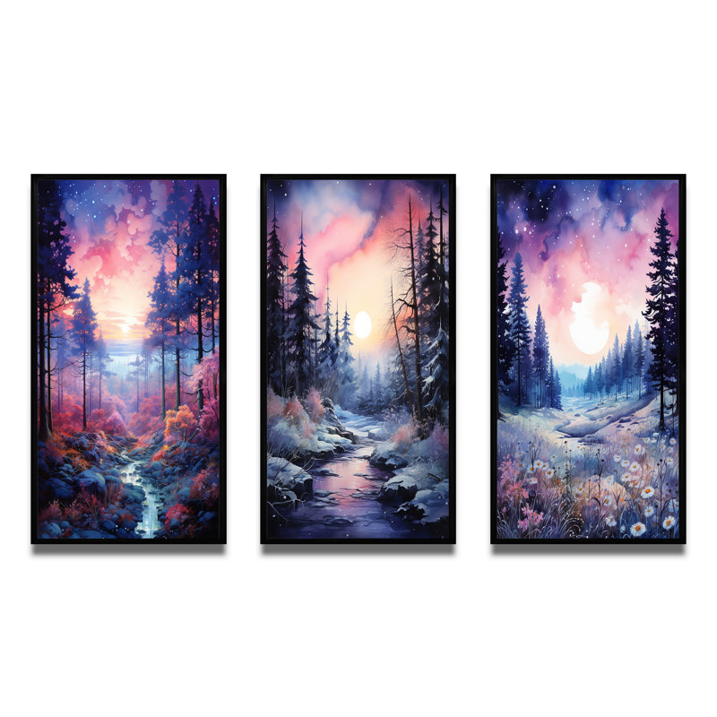 «Pine Tree Winter Twilight», 3 pièces sur toile, Cadre flottant noir, H 28 po x l 36 po