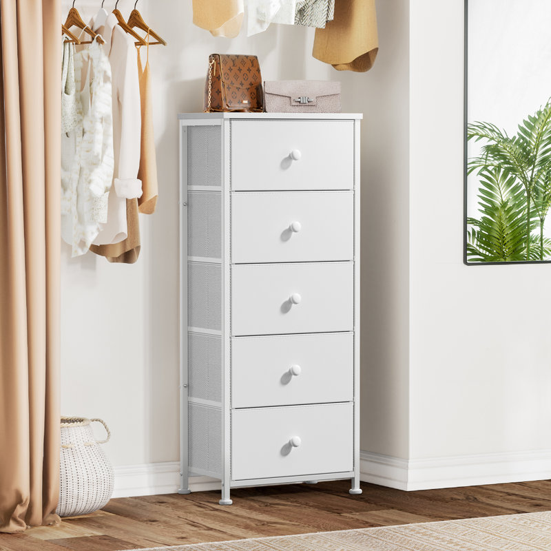 Commode 5 tiroirs, commode de chambre à coucher Ojaswi, Blanc / blanc