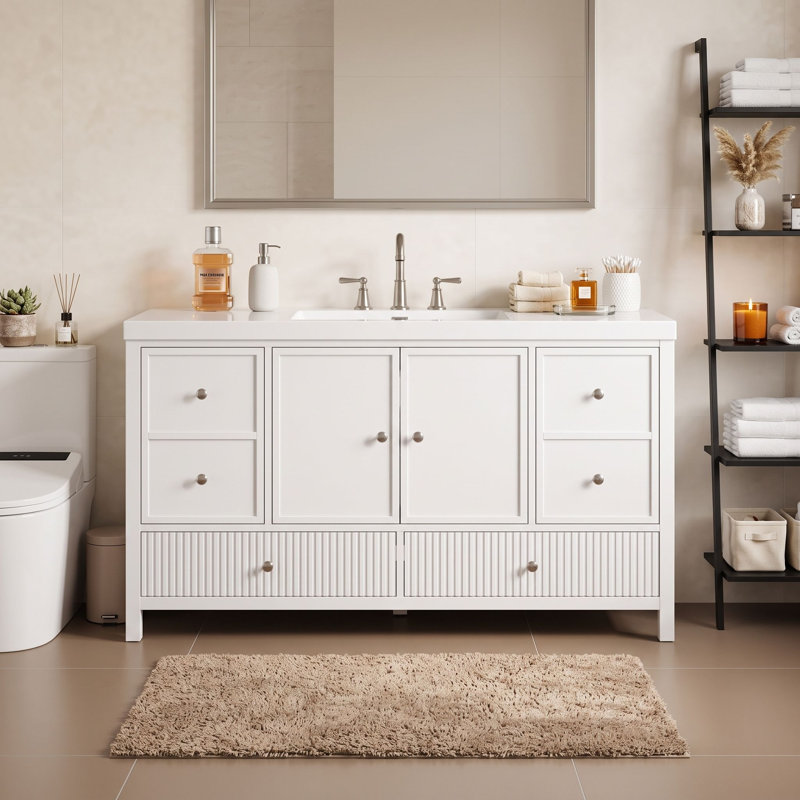 Meuble-lavabo en bois avec lavabo, 4 tiroirs et porte à fermeture douce, White