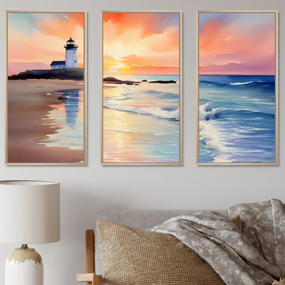 Orange coucher de soleil sur la plage, phare de la sérénité II - art mural plage