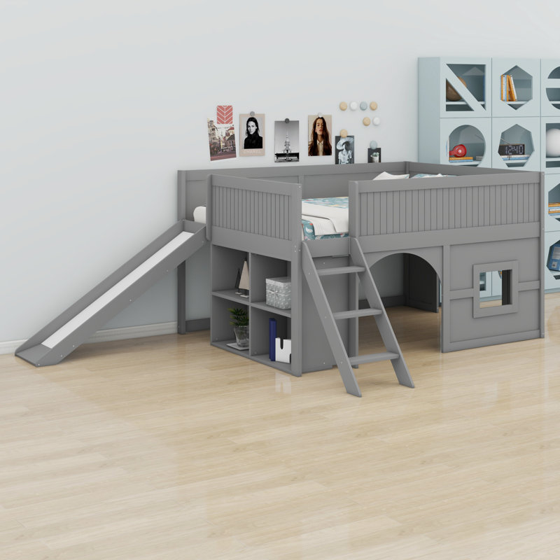 Lit mezzanine à profil bas avec glissade et tablettes, Gris