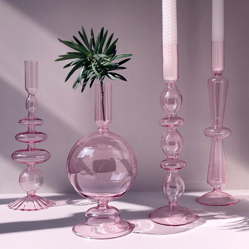 Set Of 4 Pink Glass Candle Holders