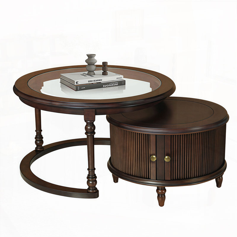 Nesting Coffee Table Set with Glass and Solid Wood Frame, Dark Brown
