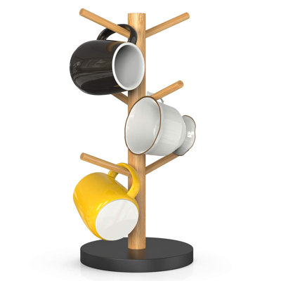 Arbre porte-gobelet en bambou, support de tasse à café à base plus épaisse pour comptoir, porte-tasses avec 6 crochets