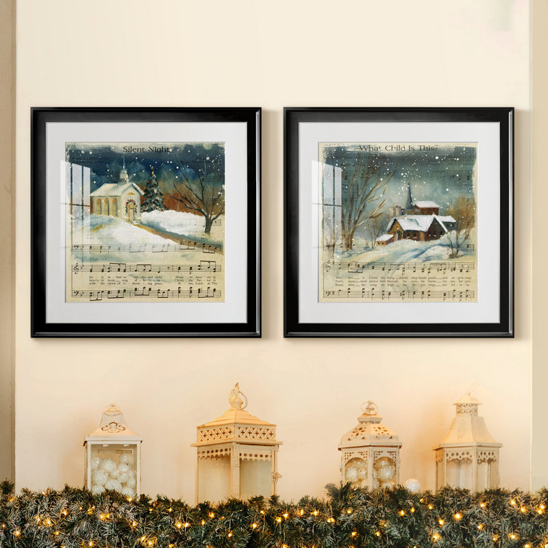 Silent Night - ensemble de 2 reproductions d'impressions, H 17,5 po x l 35 po x P 1,5 po, Papier encadré noir, Blanc