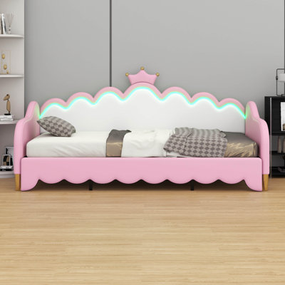 Twin Size Extending Princess Daybed: Modern Upholstered Design + Crown Headboard & LED Lights