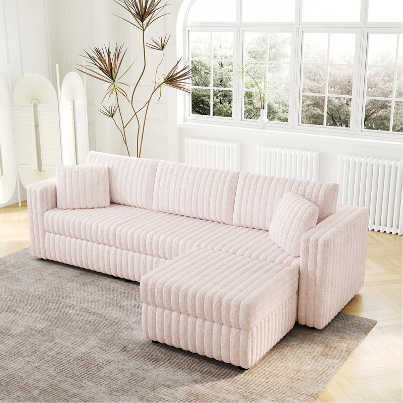 106.3" Soft  3-Person Sofa. Matches 30.7" Ottoman With Hydraulic Lift. Comfortable & Stylish. For Bedroom Light Pink.
