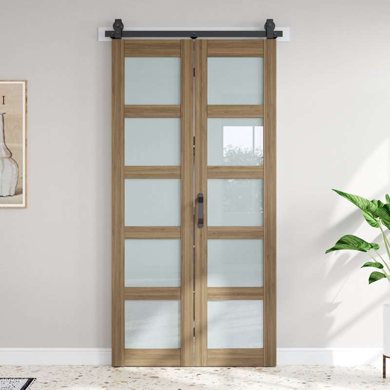 Porte de grange pliante 5 pièces en verre givré et en bois d'épinette massif avec quincaillerie - assemblage facile requis