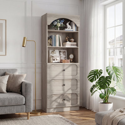 ‌23.6" Arched Wooden Bookcase - 3 Drawers & 3-Tier Shelves, White Pantry Storage For Living Room/Kitchen/Bathroom‌