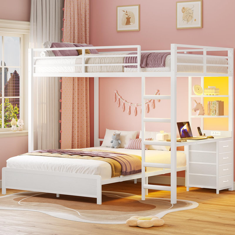 Bunk Bed With Desk, Full Over Full Bunk Beds With Charging Station And Led Lights, 4 Storage Drawers And 2 Open Storage Shelves, White
