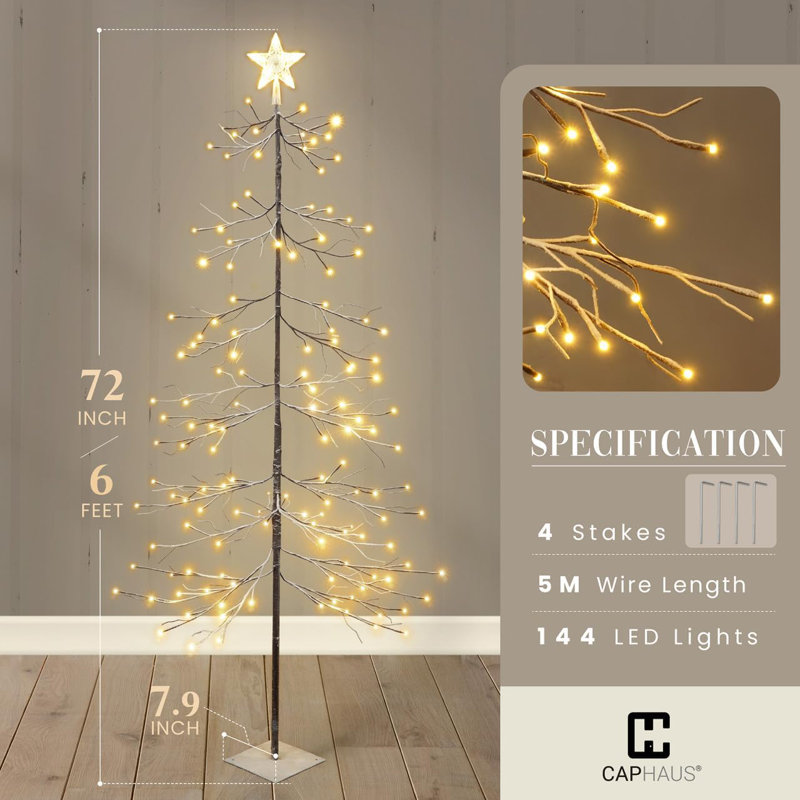 Arbre de Noël artificiel à branches nues 6 pi avec 144 lumières DEL, sommet d'arbre étoilé, arbre floqué scintillant de 72 pouces