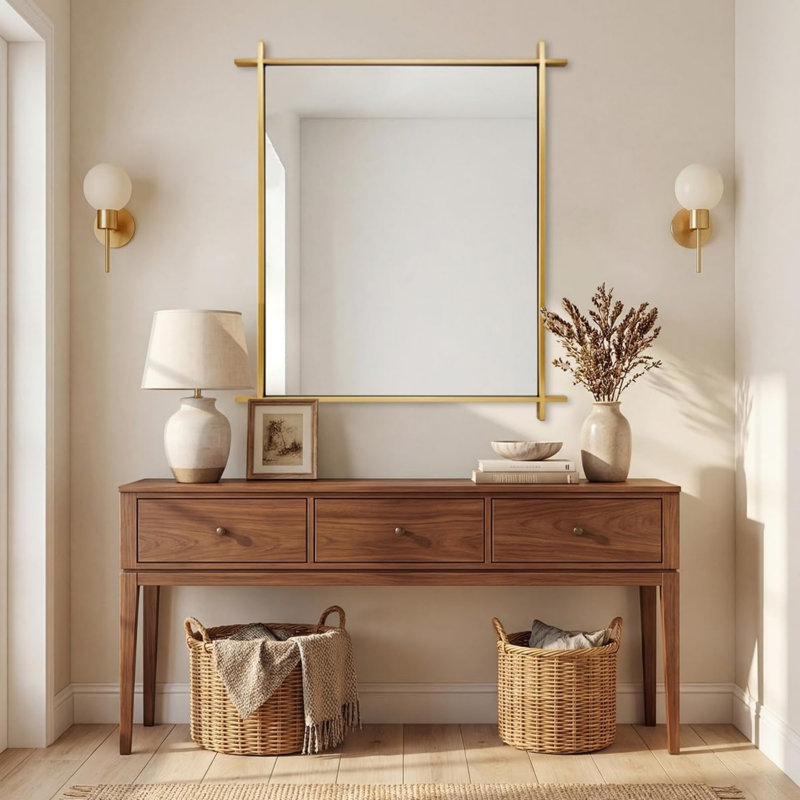 Vintage Cross Corner Rectangle Bathroom Vanity Mirror | Stainless Steel Frame, Brushed Gold, 36" x 30"