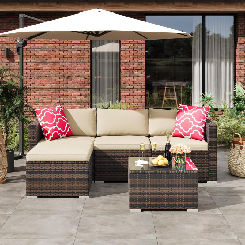 Outdoor Patio Furniture Set, 5 Pieces Rattan Patio Conversation Sets with Glass Coffee Table and Cushion,All Weather Outdoor Patio Sofa for Garden, Poolside, Backyard
