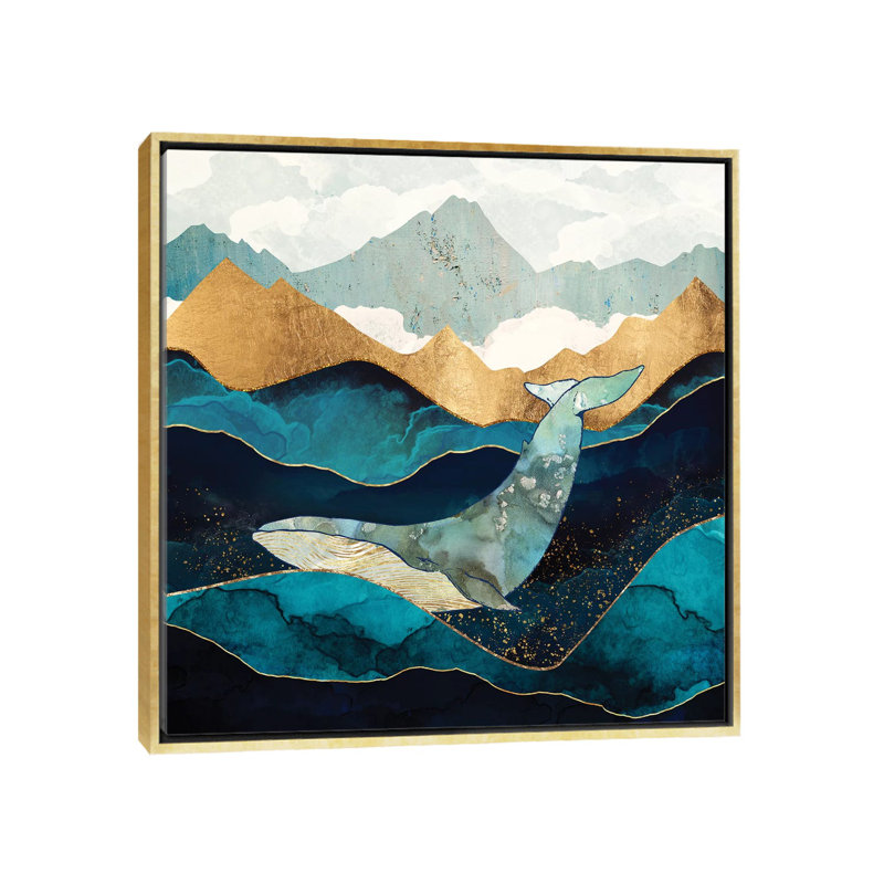 Baleine bleue - reproduction d'art, Aucun mat, H 18 po x l 18 po x 1,5 po, Toile encadrée d'or