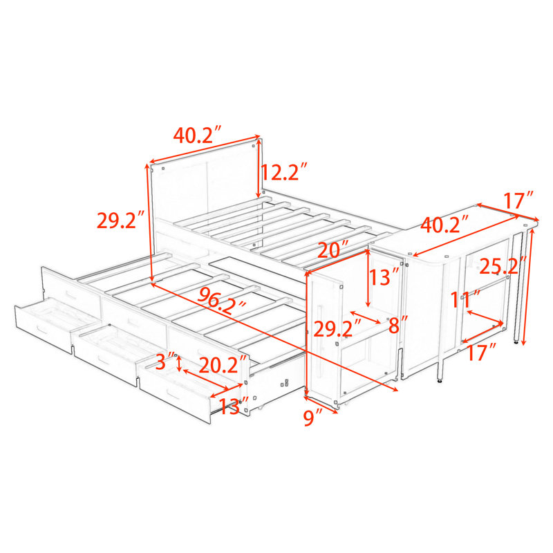 Lit plateforme simple en bois avec bureau intégré et 3 tiroirs et lit gigogne, gris