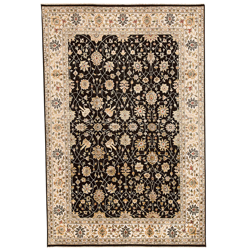 Tapis noir et ivoire de haute qualité noué à la main