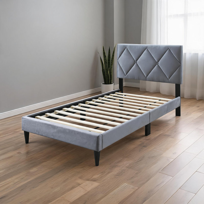 Lit plateforme double tapissier contemporain pleine grandeur avec tête de lit capitonnée réglable, velours gris ardoise