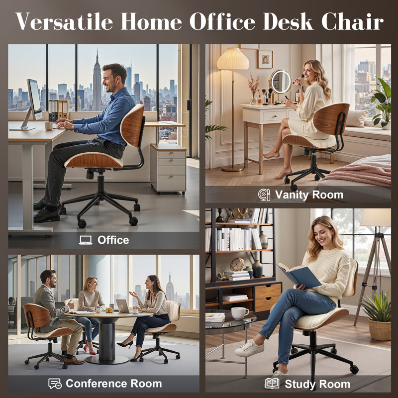 Modern Ergonomic Faux Leather Swivel Task Chair With Adjustable Height For Home Office Desk, Ivory/Brown