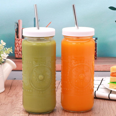 Paquet de 12 bouteilles de jus en verre de 16 oz, bouteilles de jus réutilisables avec couvercles et pailles, contenants de jus gaufrés, pots à smoothies Kombucha pour eau, café glacé, fête, voyage