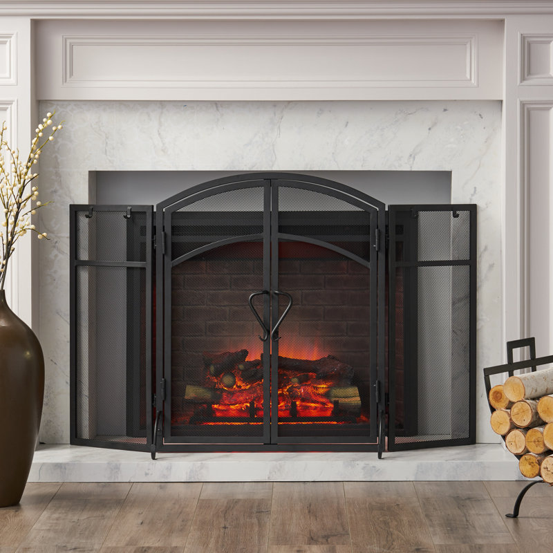  Pare-étincelles arqué avec portes doubles, panneaux pliants et ensemble d'outils 4 pièces pour la protection contre les étincelles et le décor élégant du foyer, noir