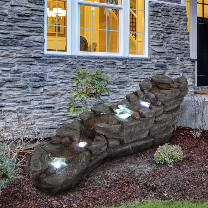 Tiered Rocky River Stream Water Fountain with LED Lights, 61", Brown, 20" H x 61" W x 18" D