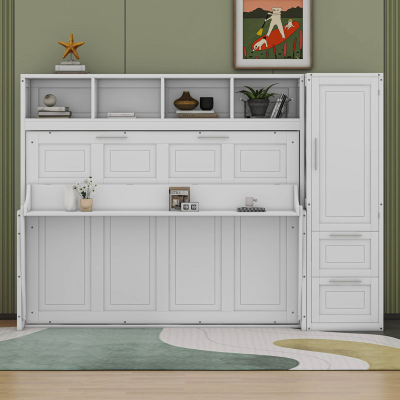 Lit escamotable double Kenelm avec placard et tiroirs, Blanc