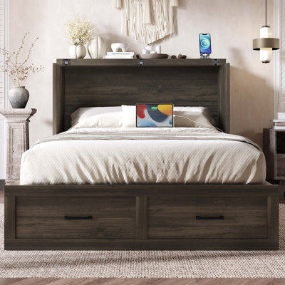 Murphy Bed Cabinet With Charging Station Multi-Functional Foldable Platform Bed With 1 Large Storage Drawer For Guest Room Small Bedroom