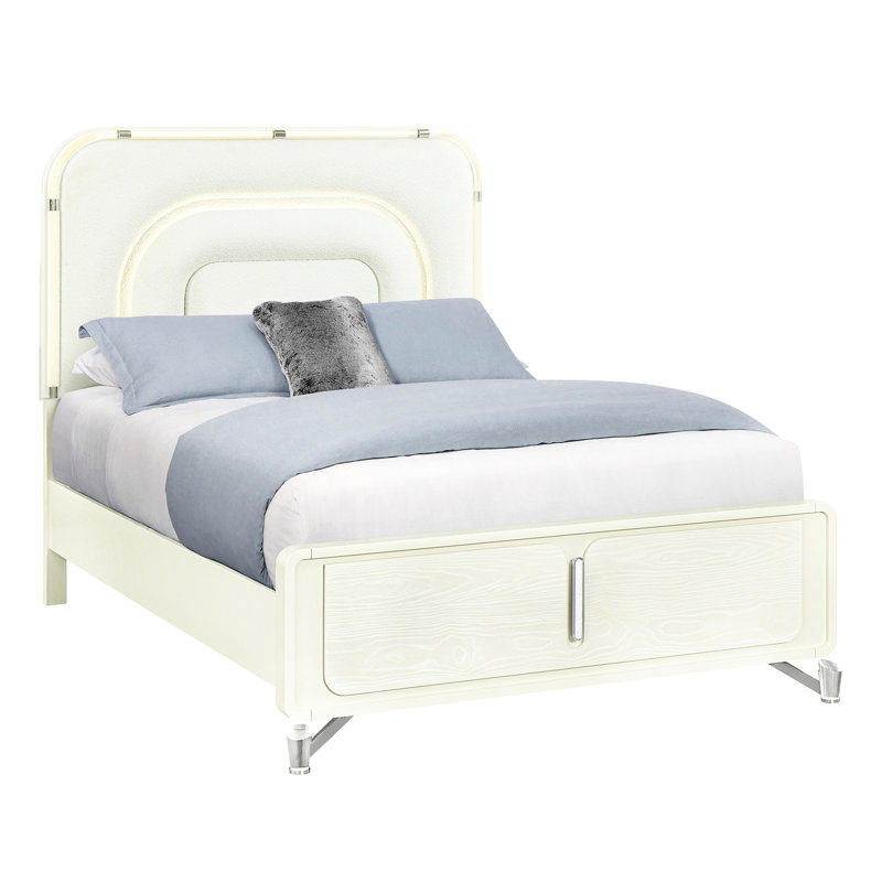 Grand lit à panneau beige avec tête de lit à DEL, design contemporain, pieds de conception géométrique, bords arrondis, matériau principal en bois d'hévéa, bois massif et rembourrage, revêtement idéal pour la chambre à coucher