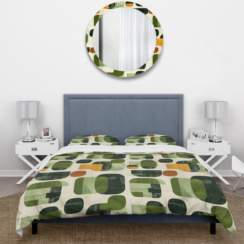 Ensemble de housse de couette vert orange Midcentury Shapes II - Midcentury, Housse de couette très grand + 2 taies décorativ