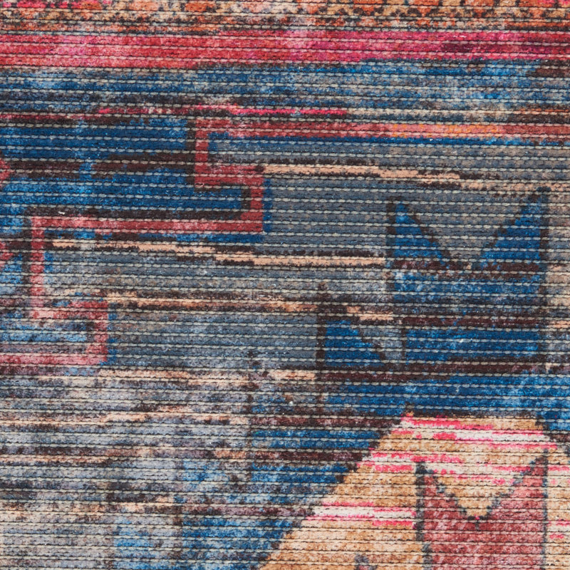 Machine Washable Southwestern Blue/Red Area Rug, Rectangle 5'3" x 7'3"