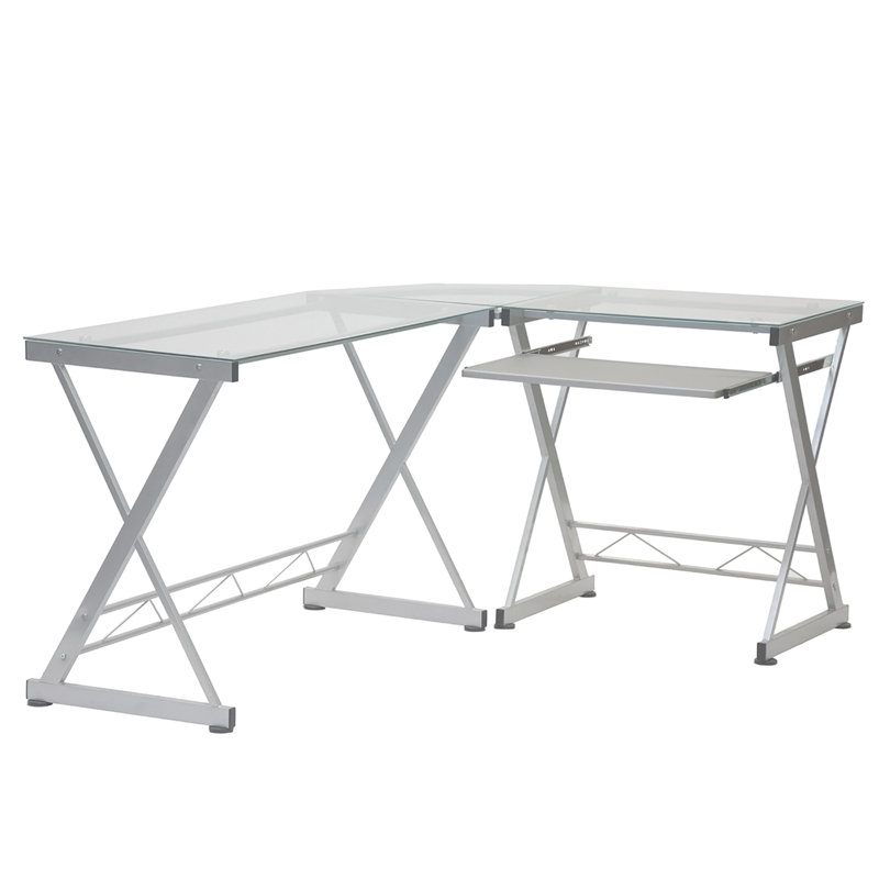 L-Shaped Tempered Glass Top Computer Desk With Pull Out Keyboard Panel, Clear