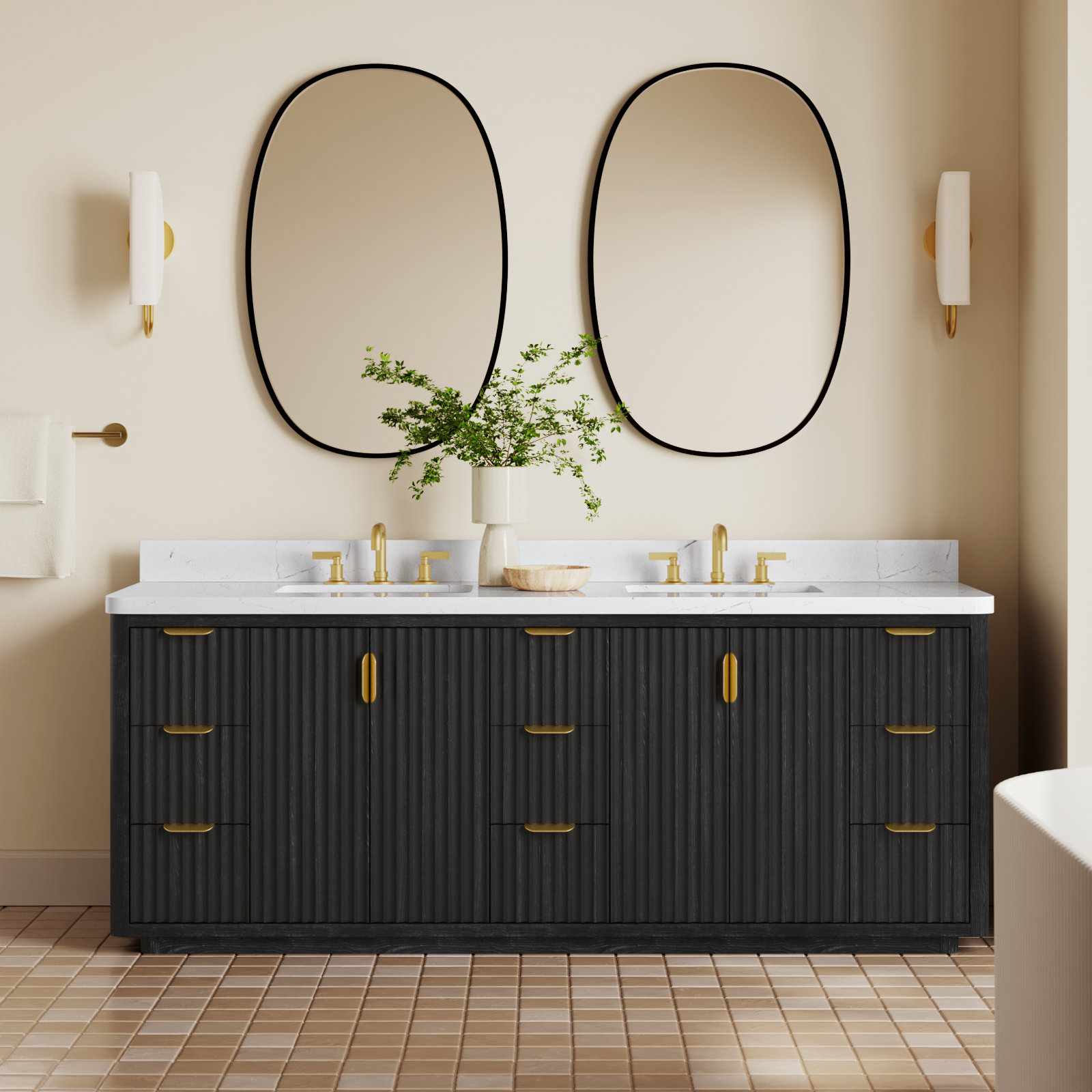 Adela 84'' Double Bathroom Vanity, Black, White, Gold