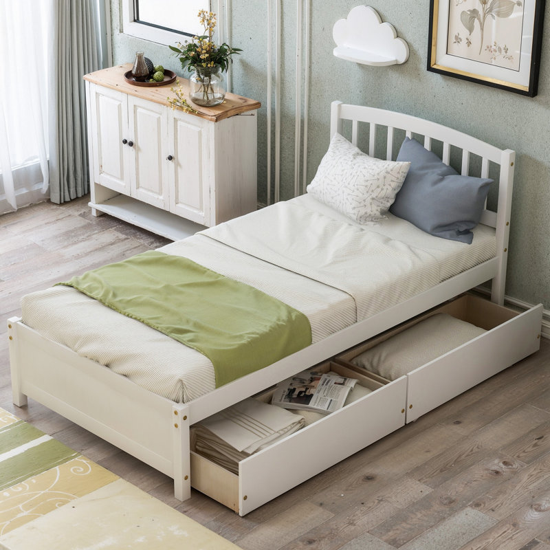 Base de lit plateforme simple avec deux tiroirs et tête de lit, Blanc