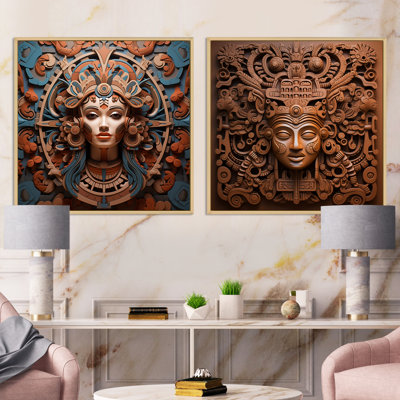 Masque Mesoamérican en terre cuite - ensemble de 2 collages carrés mexicains