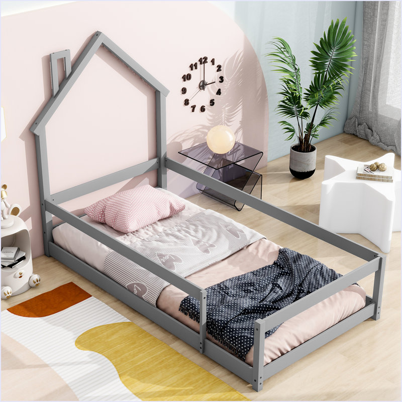 Twin Size Wood Bed With House-Shaped Headboard, Grey