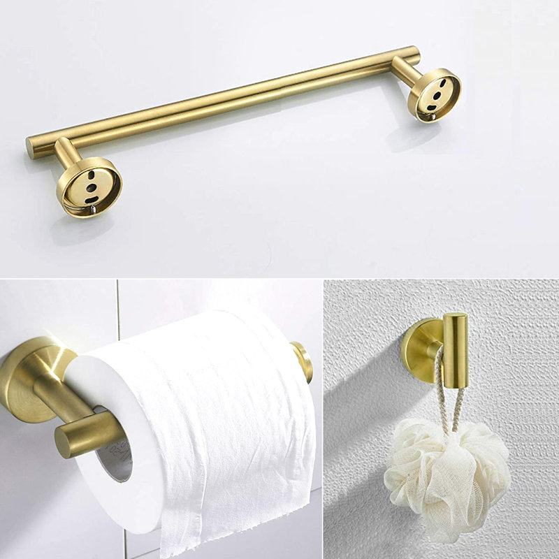 Gold Sus304 Stainless Steel 3 Bathroom Hardware. Rust- Bath Shower . Includes Towel Bar, Toilet Paper Holder, Robe Hook. Contemporary Design With Scratch- Finish. Simple Installation Included