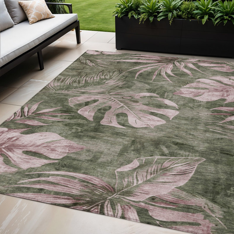 Tapis intérieur/extérieur lavable, vert olive et rose poudré à motifs floraux, 152 x 244 cm