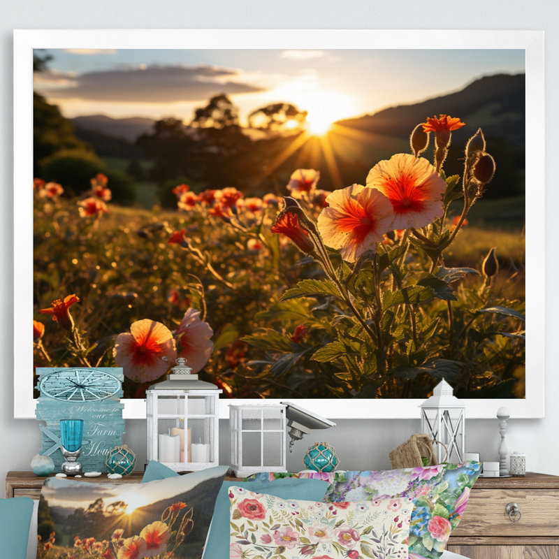Hibiscus champ avec coucher de soleil I - décoration murale florale, H 16 po x l 32 po x P 1 po, Cadre photo blanc