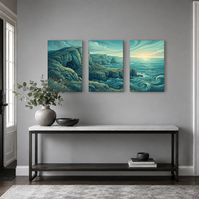Art mural sur toile, "Falaises côtières robustes et vagues bleues tourbillonnantes", 18"H x 12"W x 3pcs