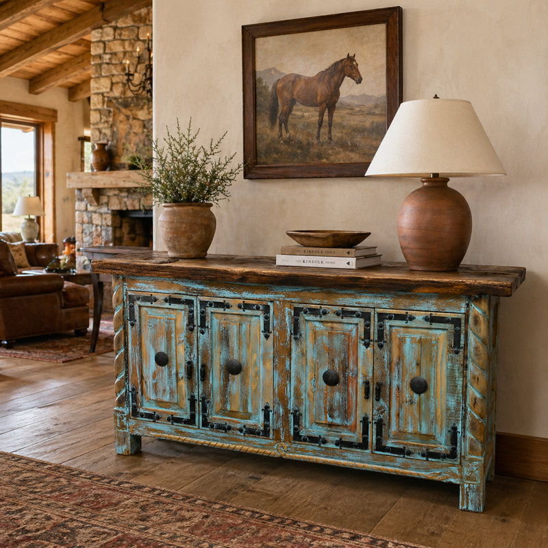 Console turquoise délavée avec détails sculptés