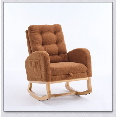 Caramel Upholstered Rocking Chair with Footrest, High Back, and Solid Rubber Wood Legs for Ultimate Comfort and Style